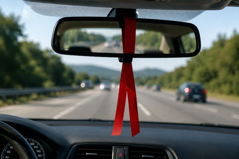 Llevar una cinta roja en el espejo del auto: qué significa y para qué se usa.