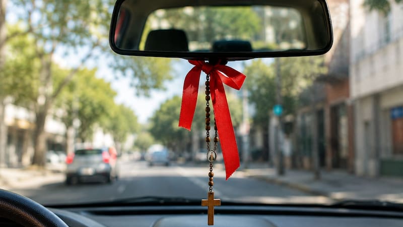 El uso de la cinta roja en el espejo retrovisor del auto está asociado con la protección frente a la envidia, el mal de ojo y las llamadas energías negativas. (Fuente: imagen ilustrativa creada con IA)