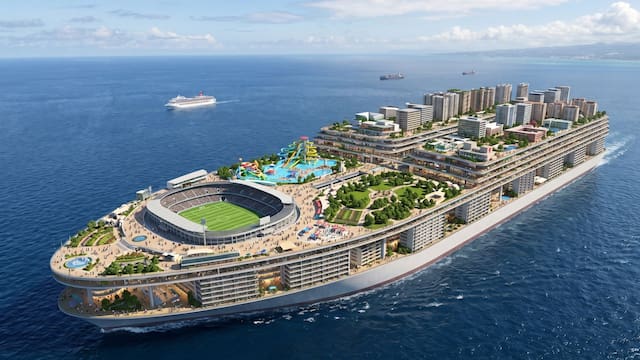 Así será la primera mega ciudad flotante: medirá 1.6 kilómetros, alojará a 80,000 personas y tendrá su propio estadio