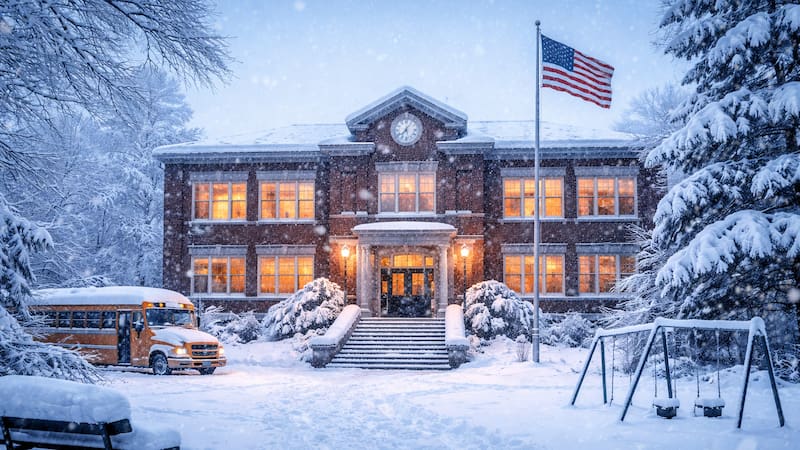 Educación confirmó el cierre de todas las escuelas por una fuerte tormenta de nieve que avanza a toda velocidad: no habrá clases en preescolar, primaria ni secundaria. (Fuente: ChatGPT Imagen Ilustrativa)