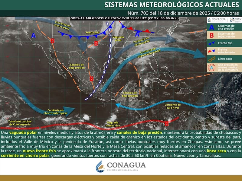 El pronóstico del tiempo para México el jueves 18 de diciembre. (Foto: SMN)