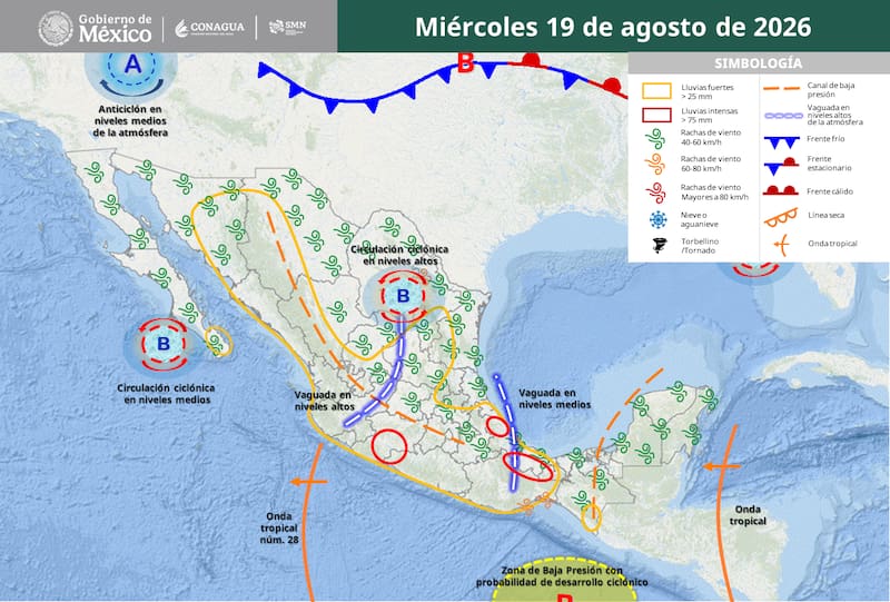 ¿Cuáles son los estados afectados por intensas lluvias desde el 19 de agosto? (Fuente: SMN de México)