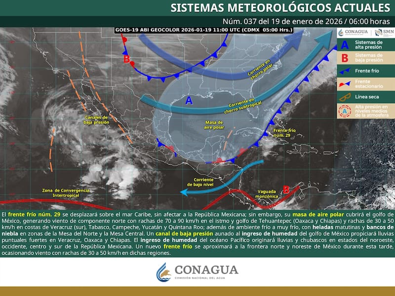 El pronóstico del tiempo para el lunes 19 de enero. (Foto: SMN)