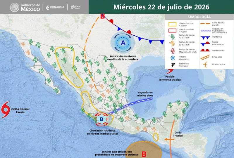 El pronóstico del tiempo para el miércoles 22 de julio. (Foto: SMN)
