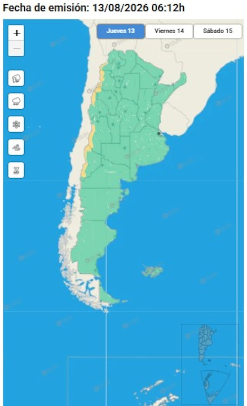 Las alertas amarillas el jueves 13 de agosto.