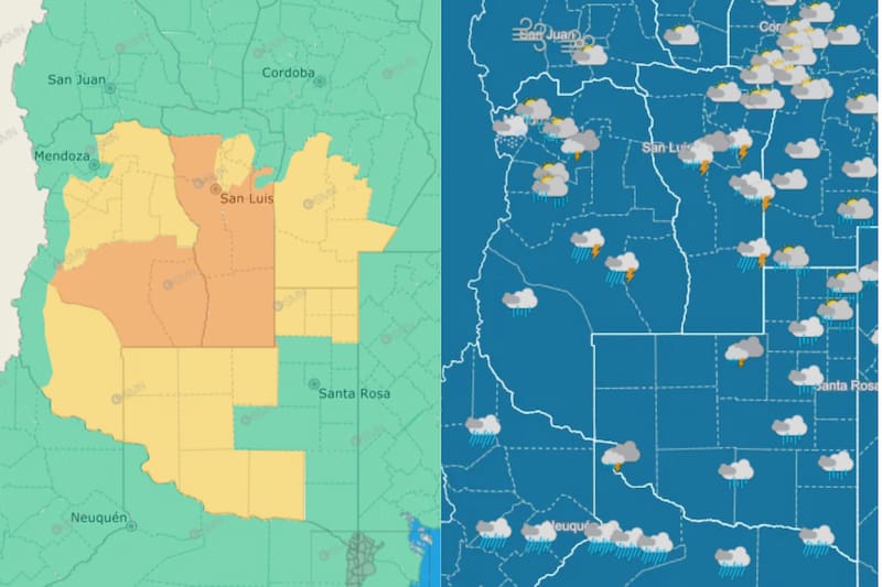 El SMN emitió una alerta amarilla por fuertes tormentas en La Pampa, Córdoba, Mendoza y San Luis. También lanzó una advertencia naranja en regiones puntuales de las últimas dos provincias.