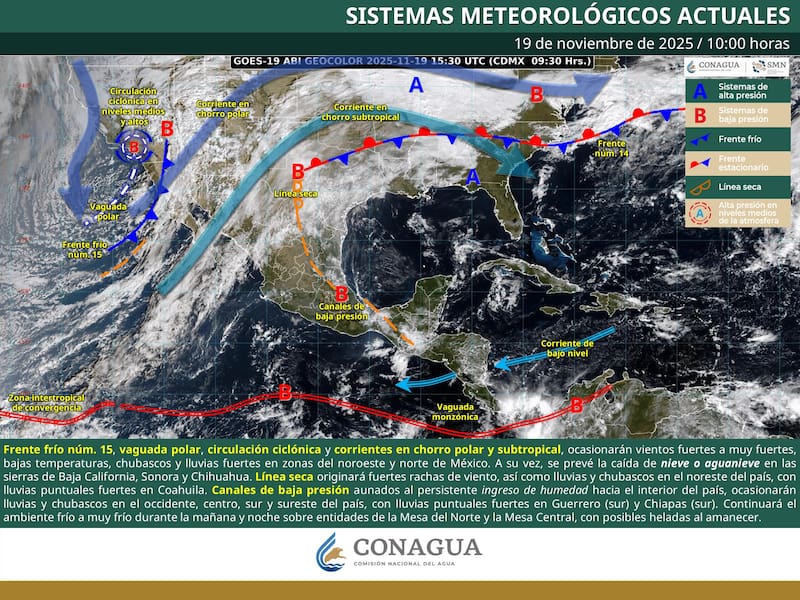 El SMN detalló que el Frente Frío 15 permanecerá estacionario en el noreste del país mientras un nuevo frente invernal ingresará por Baja California