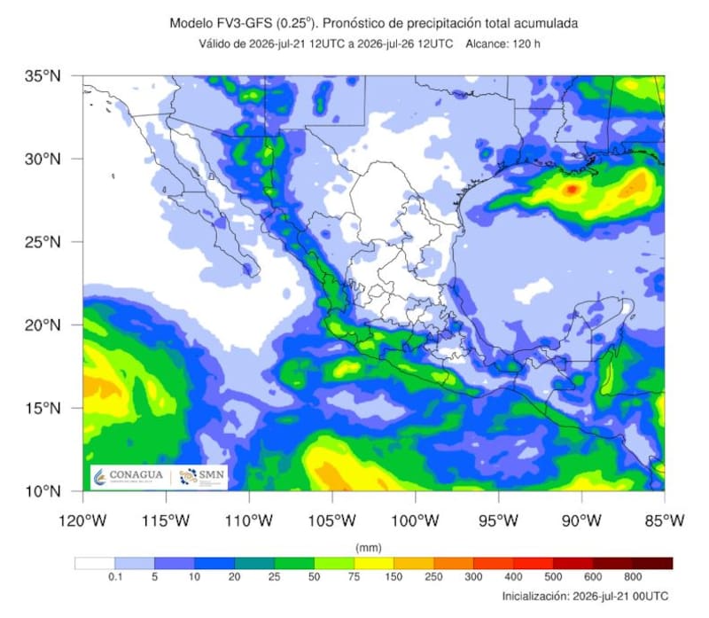 El pronóstico de precipitación total acumulada que regirá hasta el 26 de julio. (Foto: SMN)