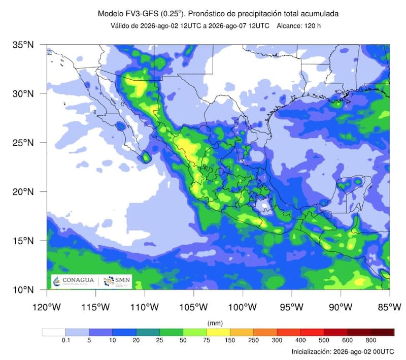 El pronóstico de precipitación total acumulada que rige en México hasta el viernes 7 de agosto. (Foto: SMN)