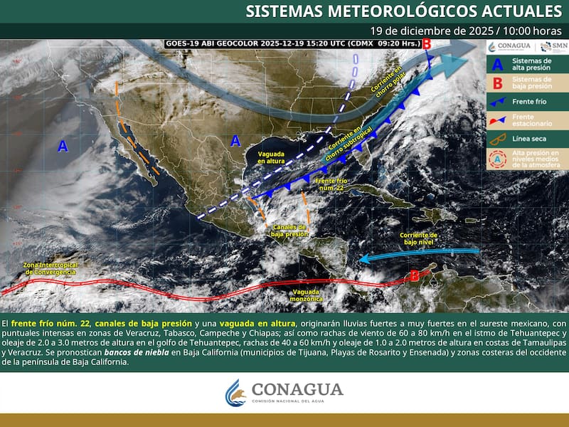 Pronóstico a 24 horas de Sistemas Meteorológicos. Período de validez de las 14:00 horas del viernes 19 a las 08:00 horas del sábado 20 de diciembre de 2025.