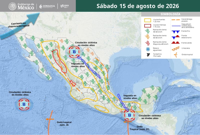 ¿Cómo estará el clima en México durante el sábado 15 de agosto? (Fuente: SMN)
