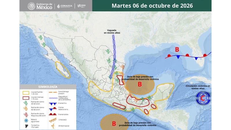 El SMN advierte por un temporal continuo de tres días en 13 estados de México debido a sistemas de baja presión.