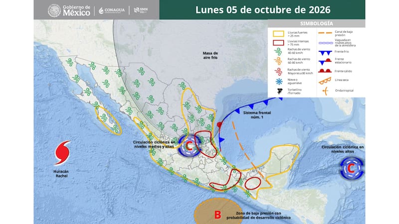 Mapa del SMN con la distribución de las zonas bajo alerta por lluvias intensas y tormentas en México.