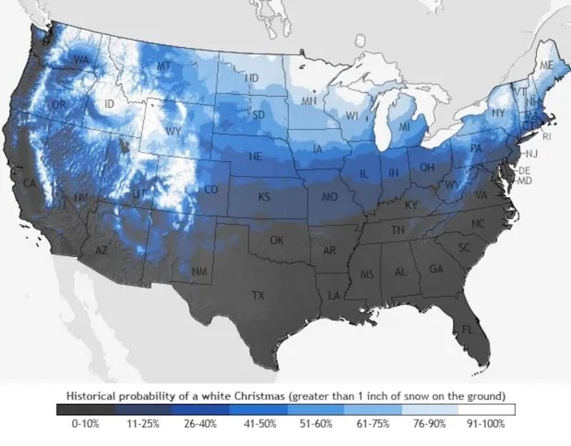 El Niño could warm eastern U.S., lowering odds of a white Christmas in some regions.