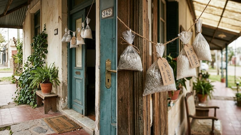 Colgar bolsitas de sal gruesa en la entrada de una casa