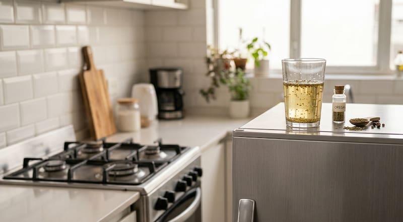 Colocar un vaso con vinagre y orégano sobre la heladera.