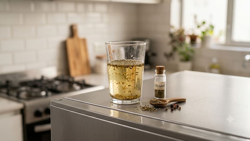 Colocar un vaso con vinagre y orégano sobre la heladera.