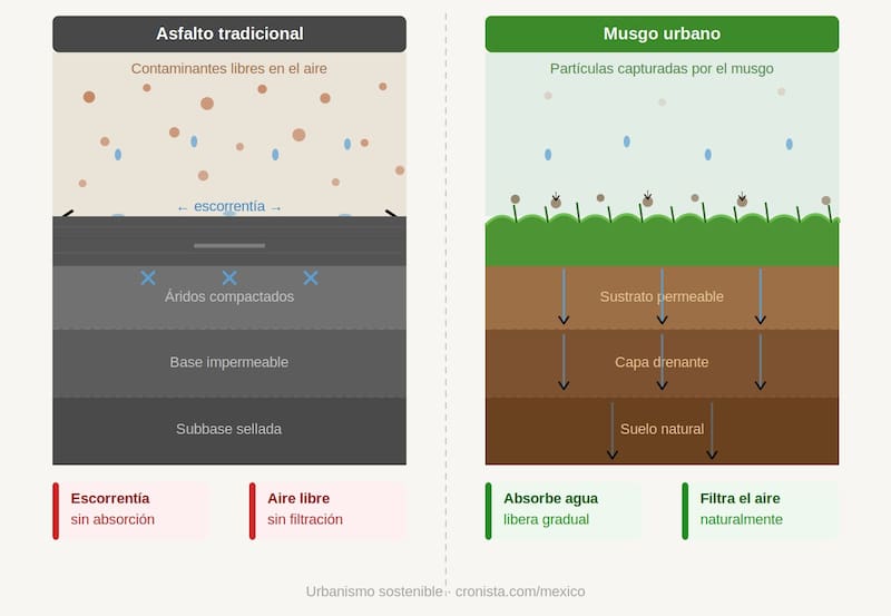 Cómo actúa este musgo en reemplazo del asfalto tradicional en la calle
