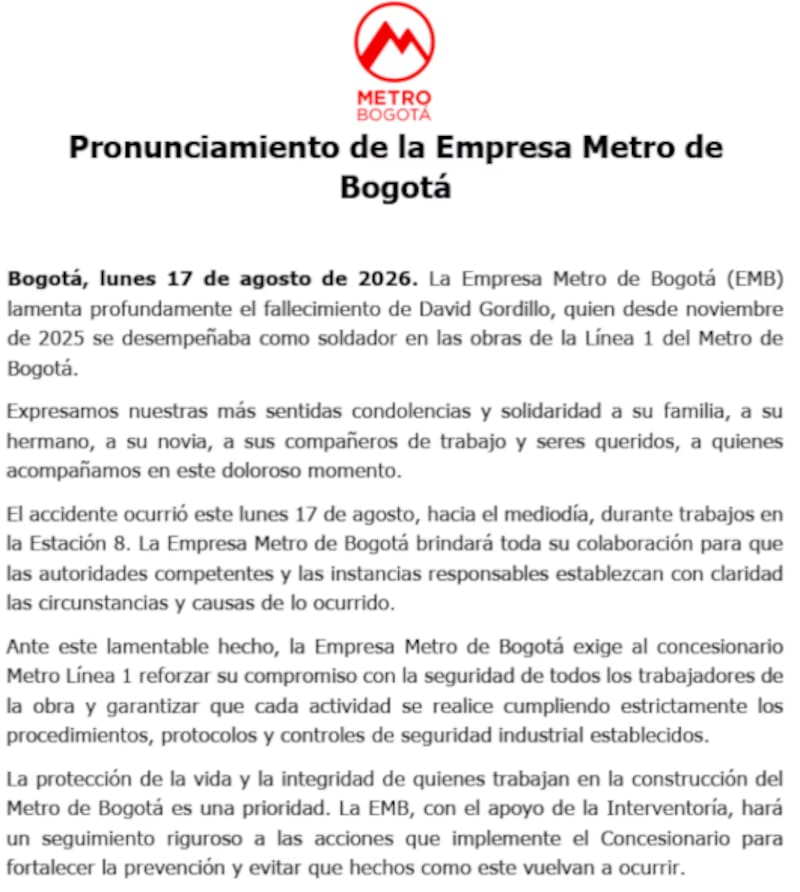El comunicado que sacó la EMB sobre el fallecimiento de David Gordillo, trabajador en la Línea 1 del Metro de Bogotá.