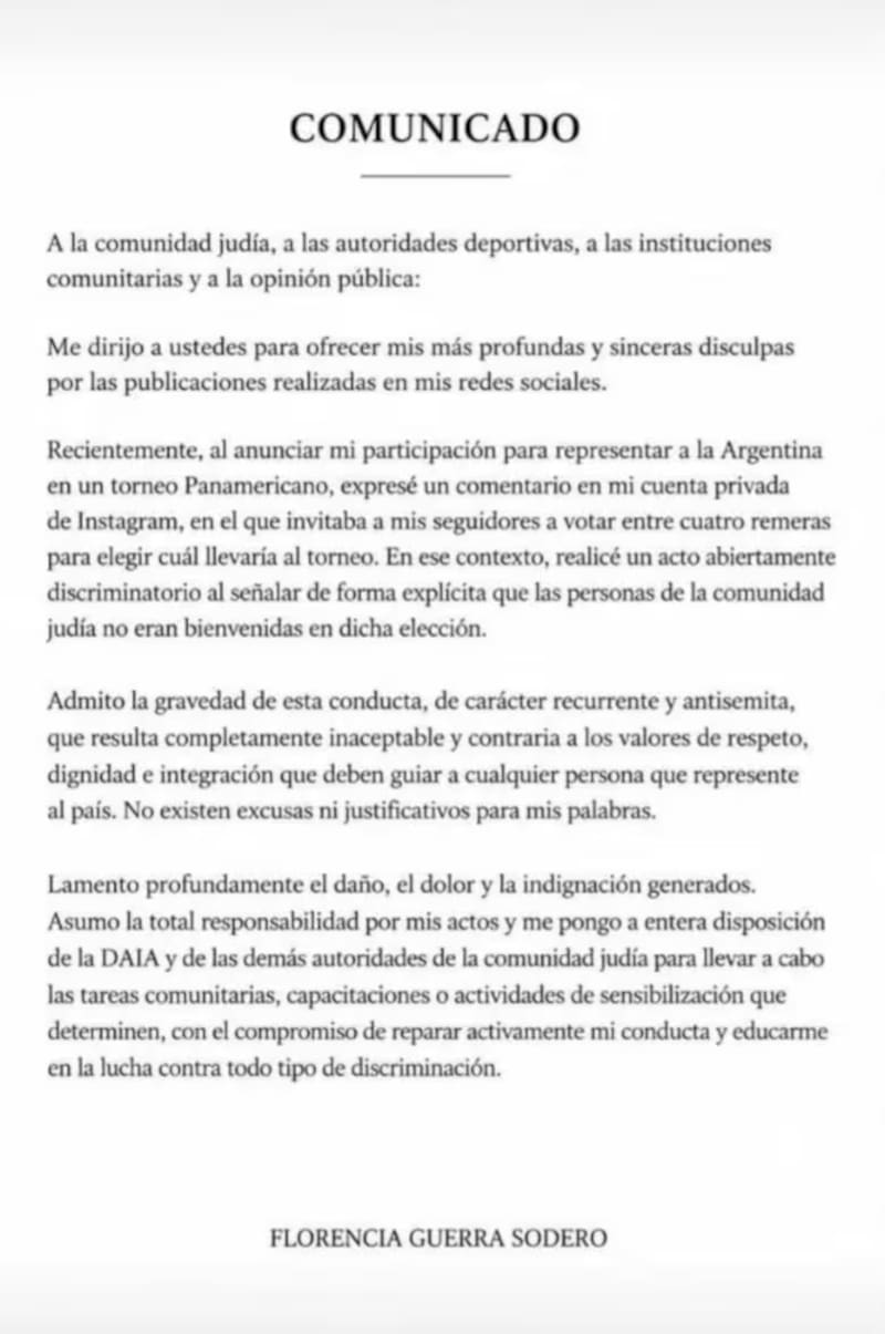 La carta de la jugadora pidiendo disculpas públicas.
