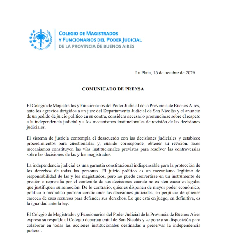 El Colegio de Magistrados de la Provincia pidió que se respete la independencia del Poder Judicial.