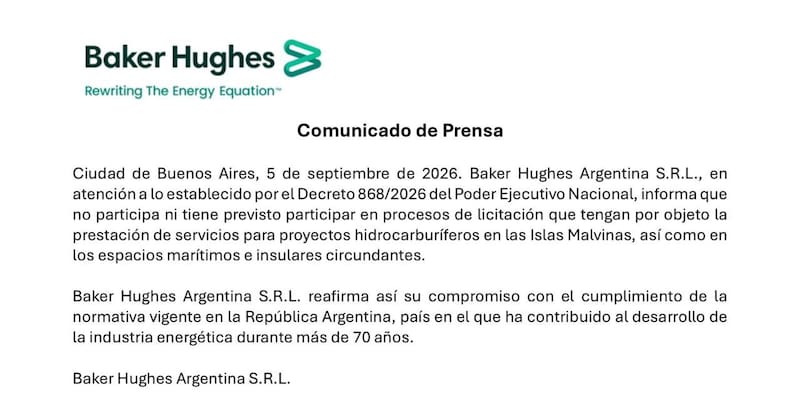 Comunicado de Baker Hughes sobre su postura de no participar en actividades en las Islas Malvinas.