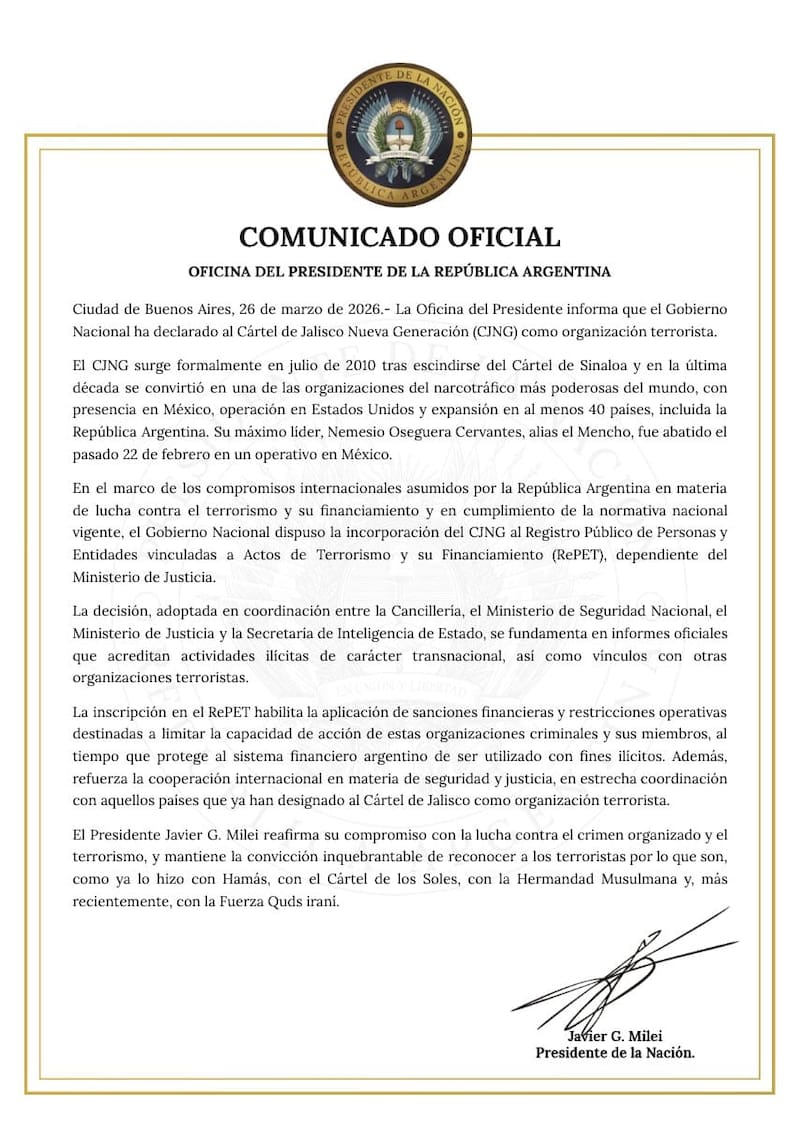 El comunicado de la Presidencia.