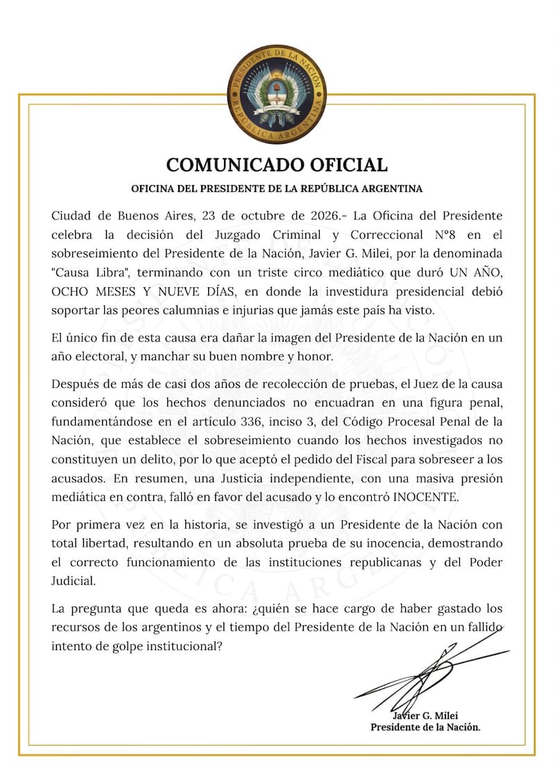El presidente Javier Milei celebró el fallo del Juzgado Criminal y Correccional Federal 8 y habló de una "operación mediática".