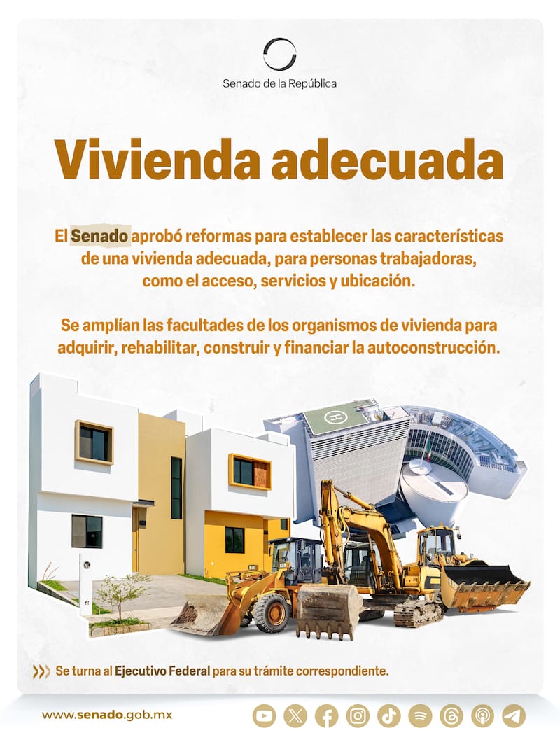 El Senado aprobó la reforma para establecer las características de una vivienda adecuada, para personas trabajadoras como el acceso, servicio y urbanización.