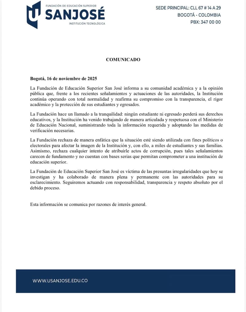 El comunicado oficial de la Fundación San José a la comunidad educativa.