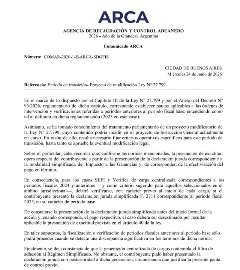 Comunicado interno de ARCA
