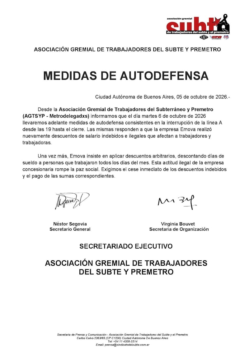 Comunicado de la Asociación Gremial de Trabajadores del Subte y Premetro vía X.