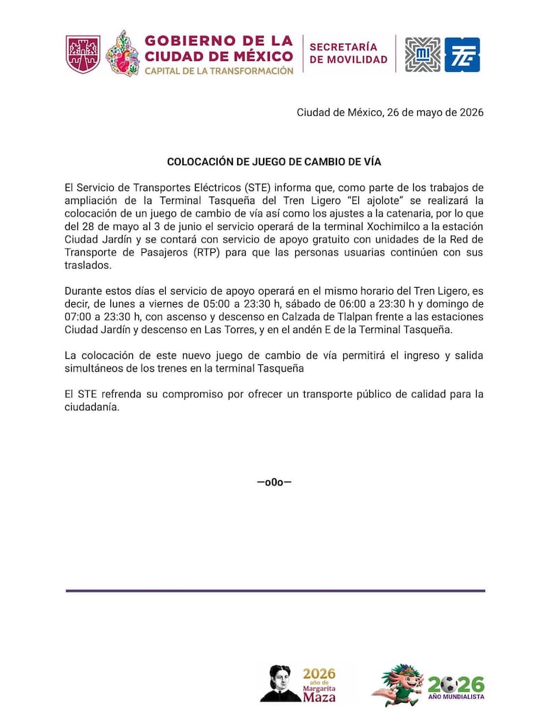 El servicio provisional del Tren Ligero operará únicamente de Xochimilco a Ciudad Jardín, mientras unidades de RTP brindarán apoyo gratuito a los pasajeros.
