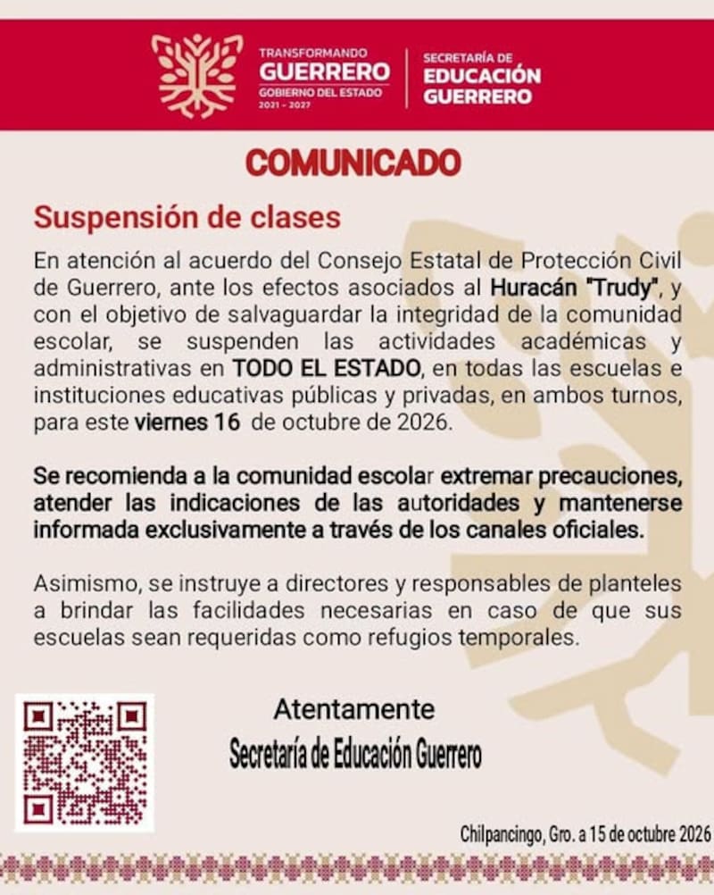 Suspensión de clases en Guerrero por el paso del huracán Truby para el 16 de octubre.