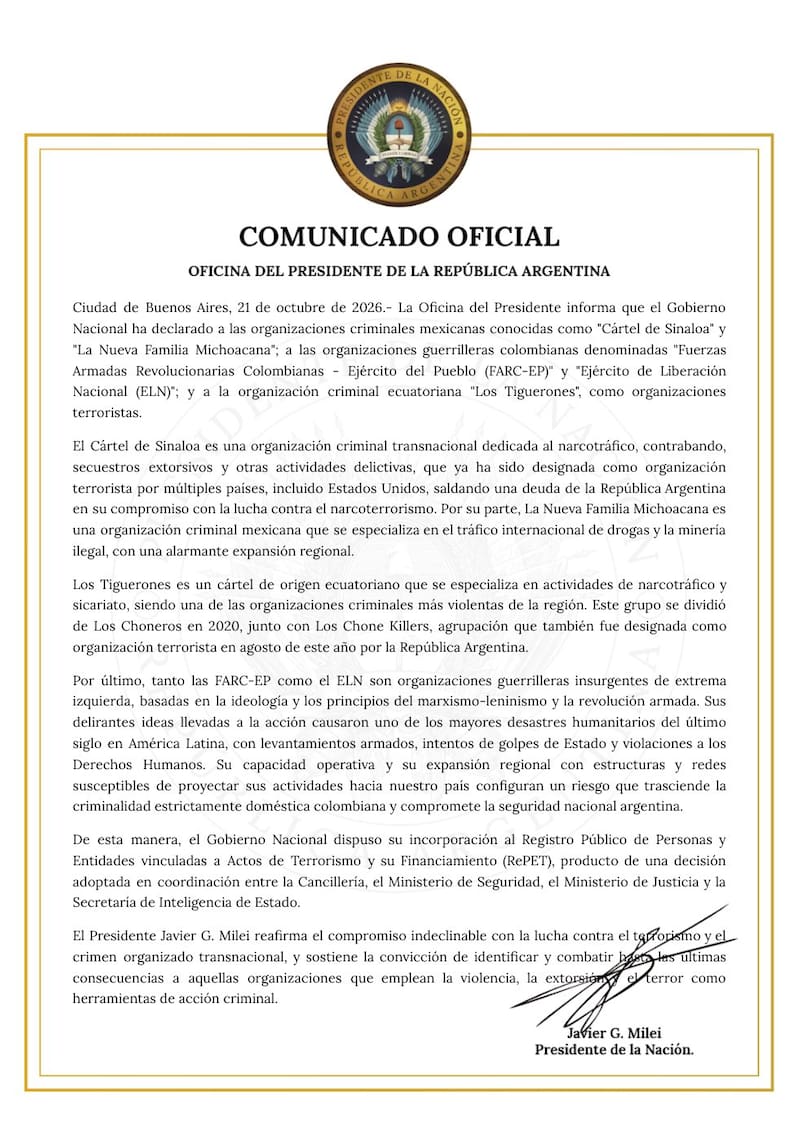 El comunicado de la Oficina del Presidente para declara la incorporación de cinco bandas como organizaciones terroristas.