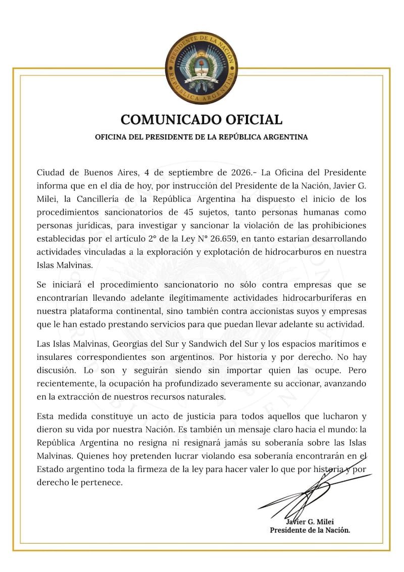 El comunicado difundido por la Oficina del Presidente.