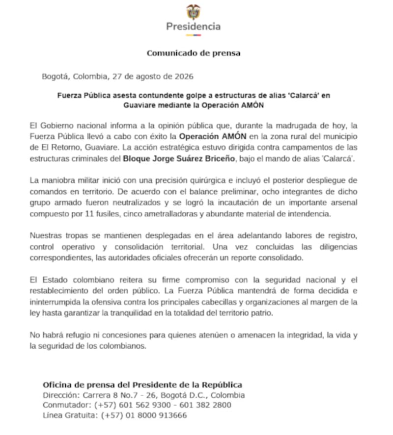 Las Fuerzas Militares realizaron una nueva operación aérea contra estructuras armadas ilegales en el departamento del Guaviare.