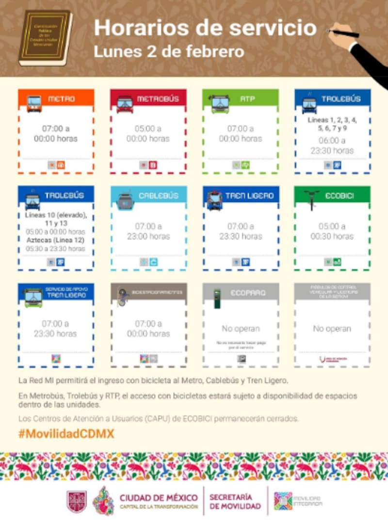 Con motivo de la conmemoración del Día de la Constitución, la Red de Movilidad Integrada ajustará sus horarios de operación este lunes 2 de febrero en la Ciudad de México.