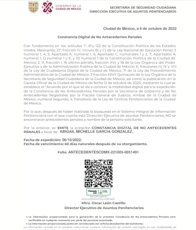 Trámite mediante el cual se informa que después de realizar una búsqueda exhaustiva en el Sistema Integral de Información Penitenciaria, con el que cuenta la Subsecretaría de Sistema Penitenciario, NO se encontraron registros de Antecedentes Penales.