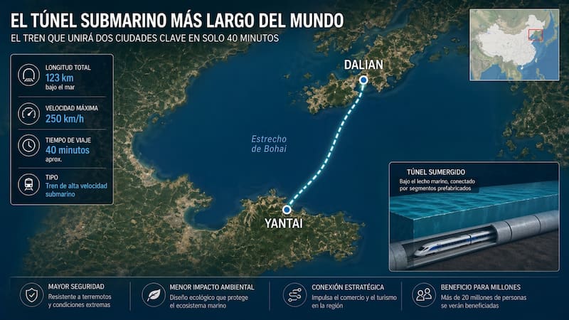 Construyen el tren submarino más largo del mundo que alcanzará los 250 km/h y conectará dos puertos en 40 minutos. Foto: ChatGPT