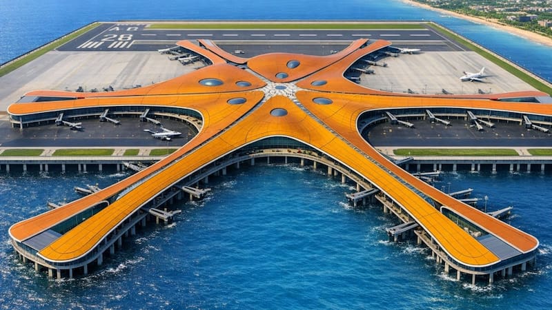 Construyen un aeropuerto flotante sobre el mar que cambiará los vuelos y será el orgullo de este país. Foto: Copilot IA