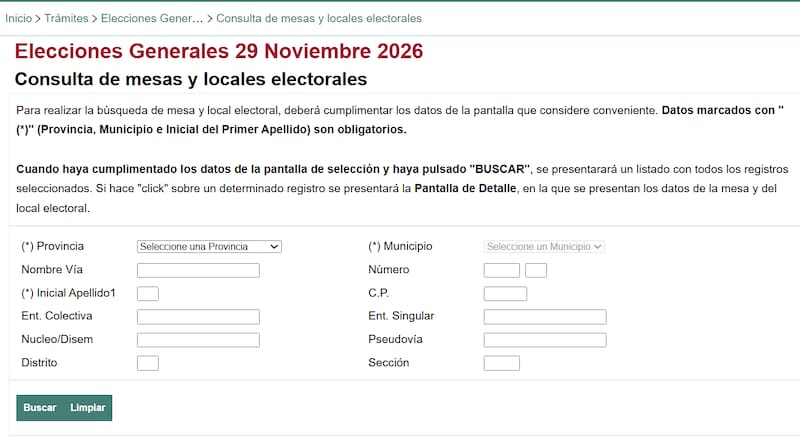 Consulta de mesa y local electoral en el Instituto Nacional de Estadística (INE).
