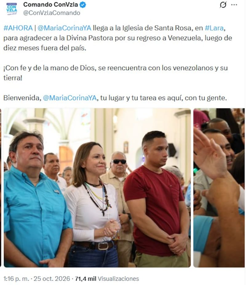 A través de la cuenta oficial de "Comando con Venezuela", se difundieron las primeras imágenes de Machado en la Iglesia de Santa Rosa.