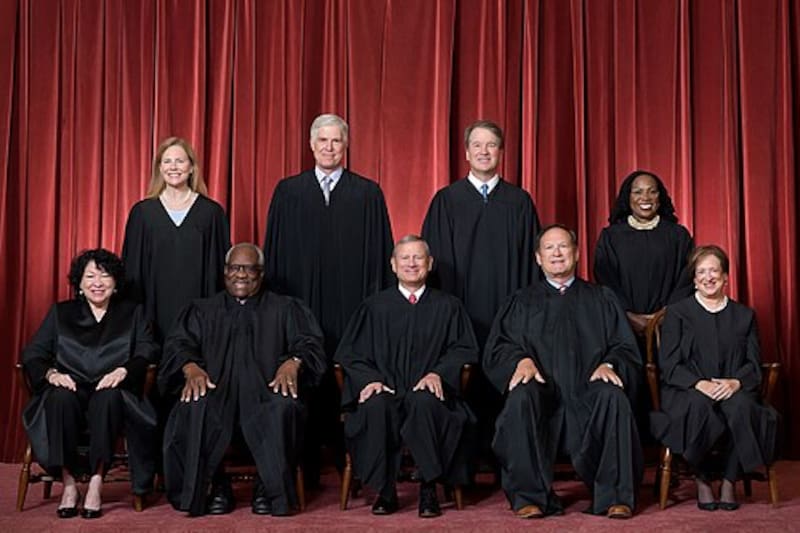 Seated from left are Justices Sonia Sotomayor, Clarence Thomas, Chief Justice John G. Roberts, Jr., and Justices Samuel A. Alito and Elena Kagan.
Standing from left are Justices Amy Coney Barrett, Neil M. Gorsuch, Brett M. Kavanaugh, and Ketanji Brown Jackson.