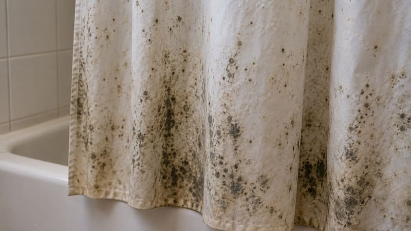 La humedad acumulada favorece la aparición de moho en las cortinas de baño.