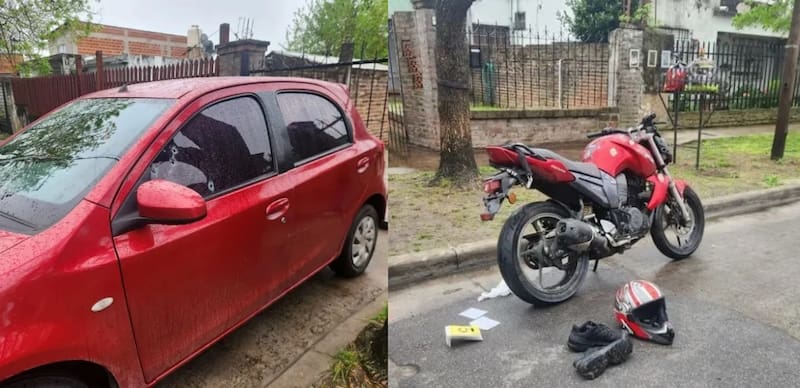 El auto tiroteado del custodio y la moto con la que quisieron robarlo.