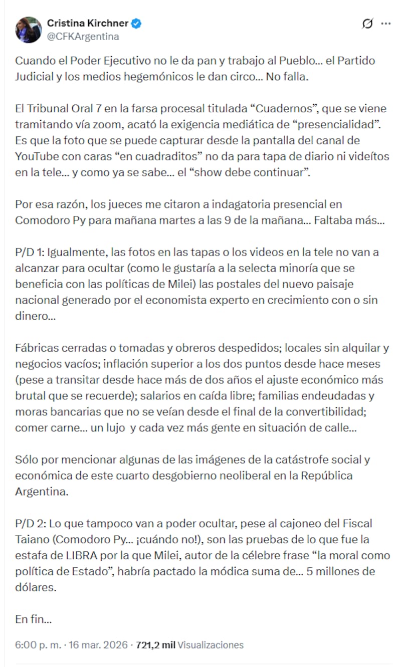 El posteo de Cristina Kirchner