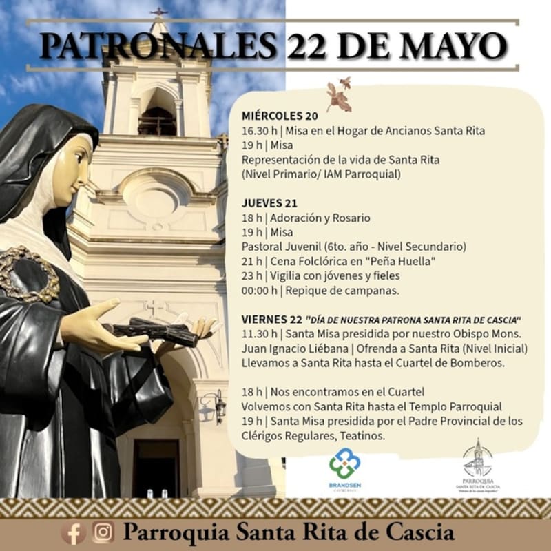 El cronograma de eventos en Brandsen por el día de Santa Rita de Cascia. (Fuente: Parroquia Santa Rita de Cascia)