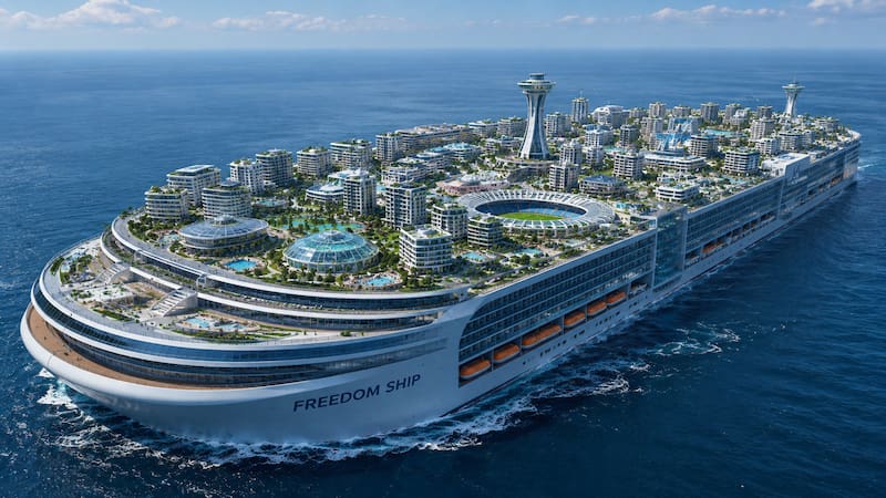 Construyen la ciudad flotante más grande del mundo: 80 mil personas, colegios, hoteles, parques y un estadio de fútbol.
(Representación creada con IA)