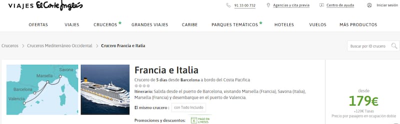 El Corte Inglés ofrece viajes en crucero por Europa en descuento: los destinos incluyen Francia, España e Italia.